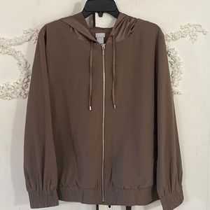 Chico’s Suede Gray color hooded track jacket. SZ 16-18. NWT